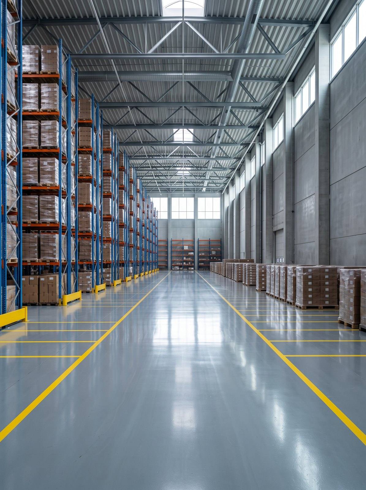 Hală de producție cu pardoseală epoxidică lucioasă și rafturi aliniate