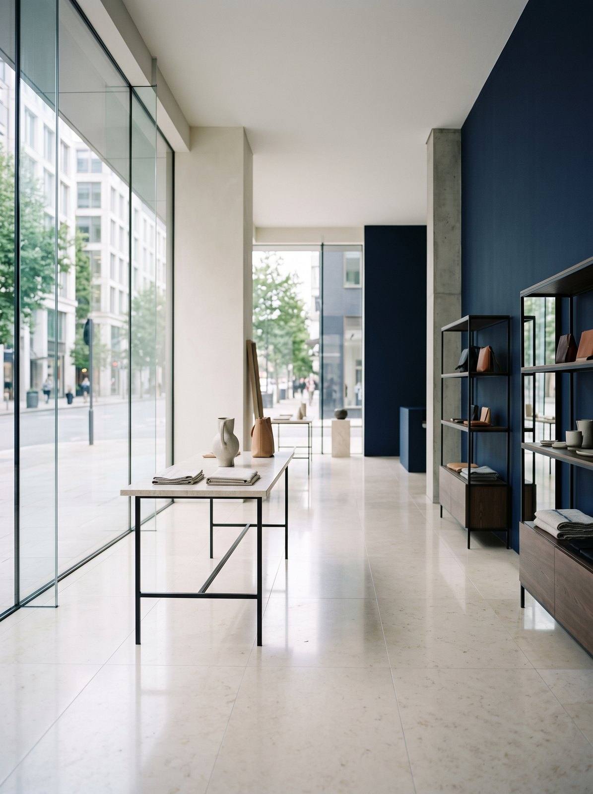Showroom cu pardoseală din piatră lucioasă și vitrină curată