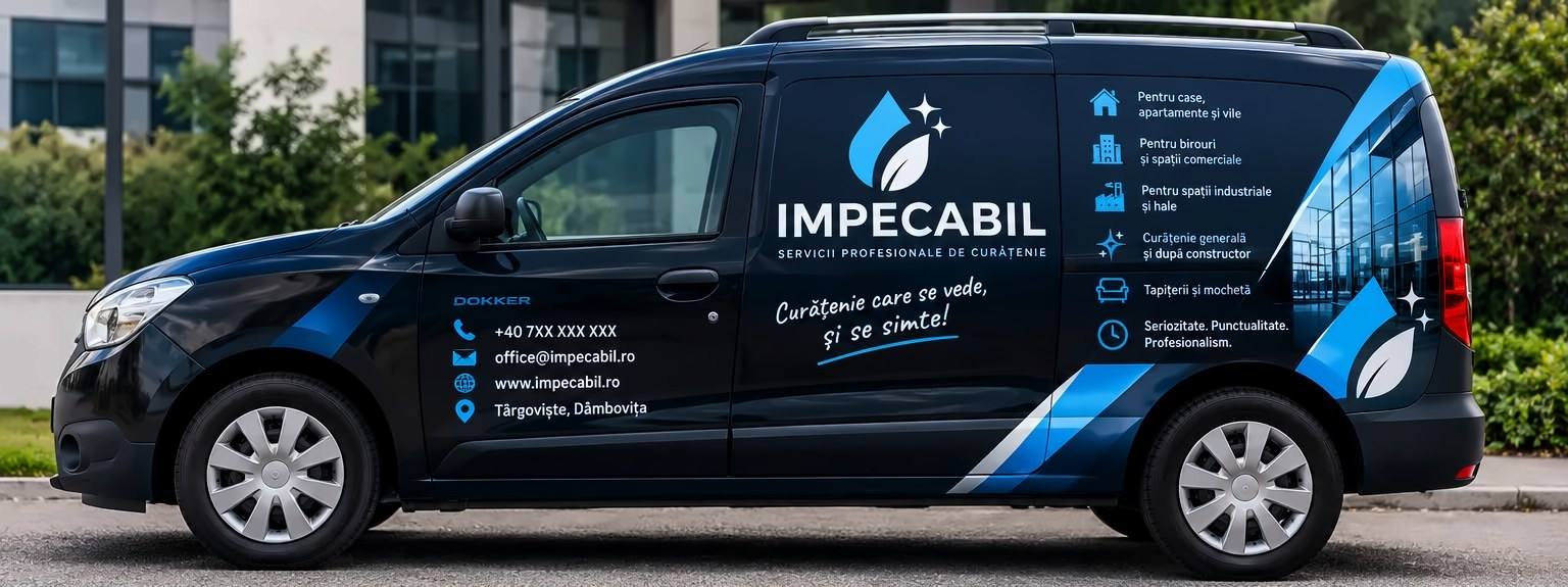 Duba Impecabil, bleumarin, inscripționată cu logo, servicii și date de contact